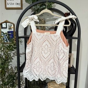 ALL ROW Elegant White Eyelet Blouse with Bow Straps size large